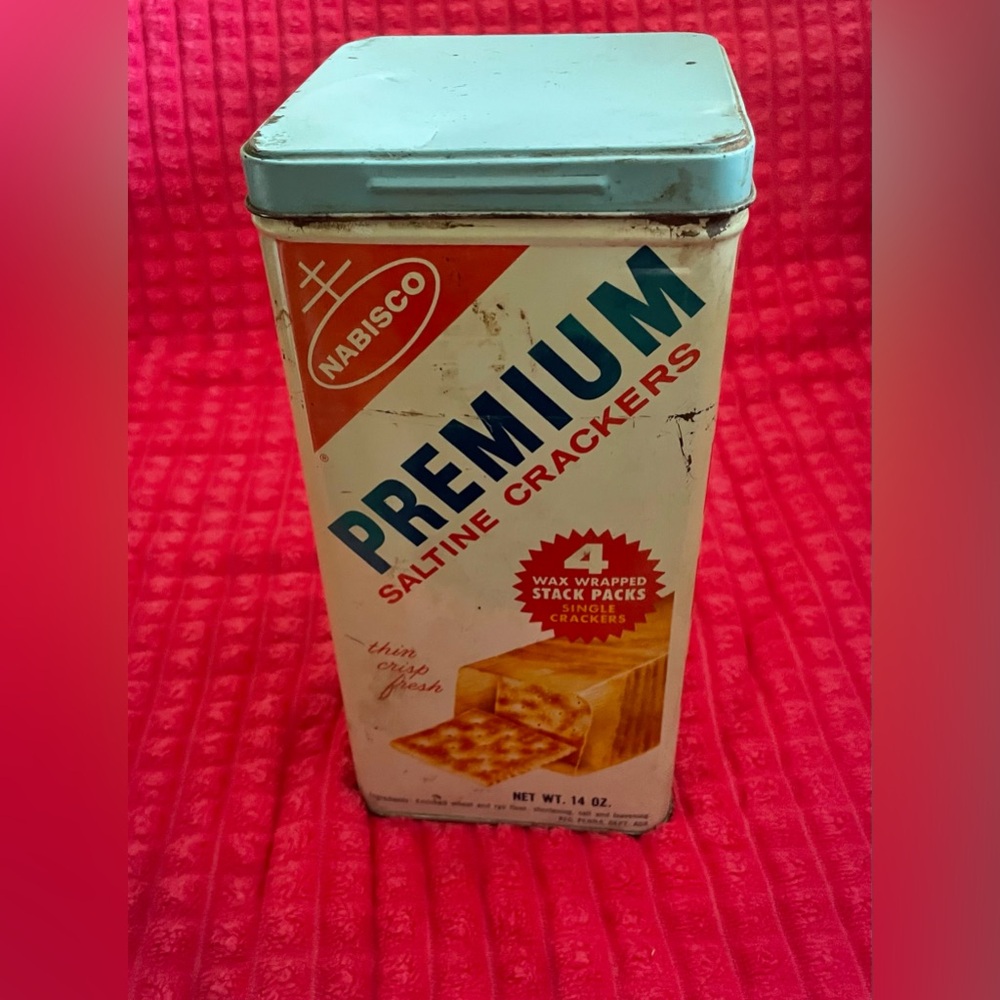 Vintage Premium Saltine Crackers Tin - Light Blue & White